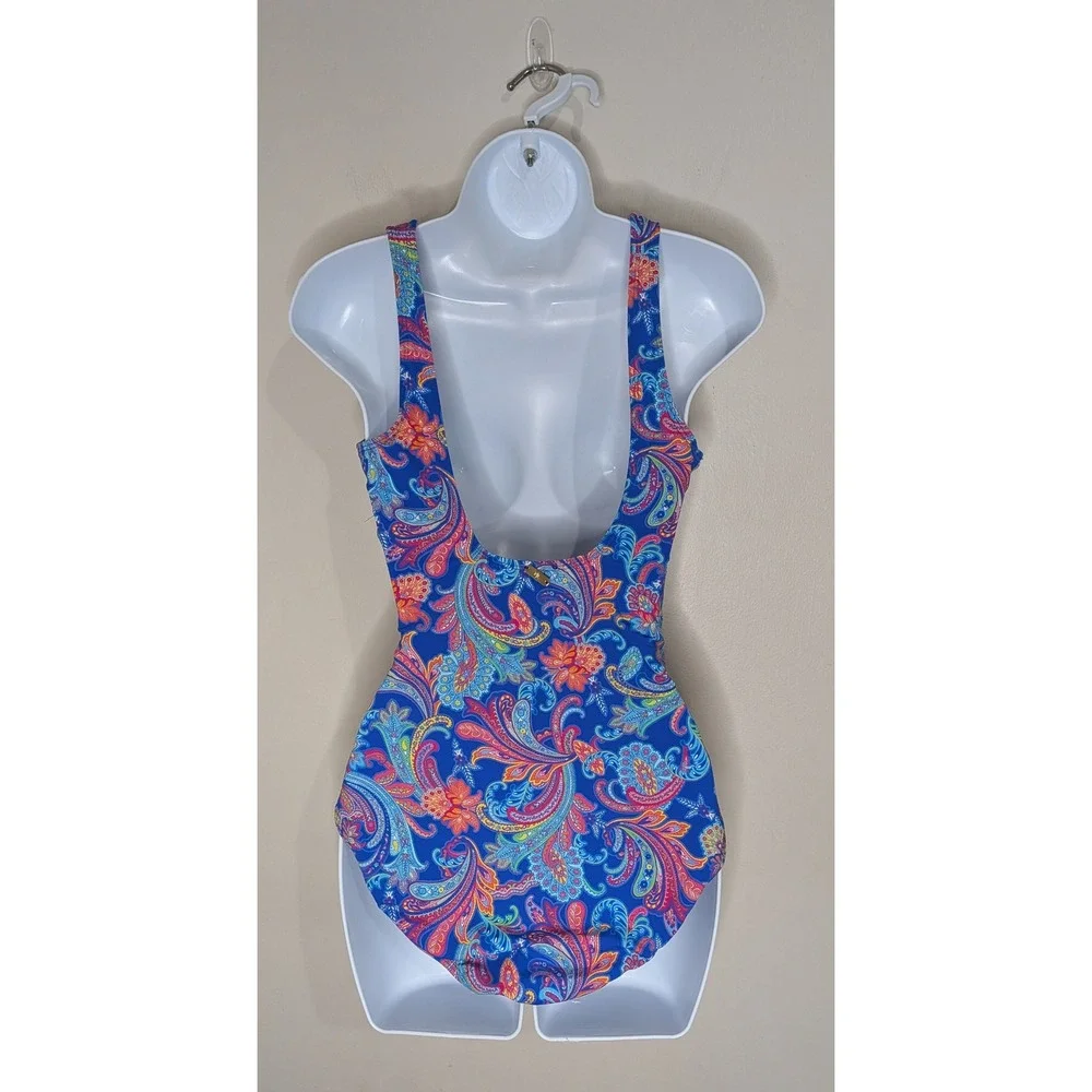 Lauren Ralph Lauren SZ 10 Blue Paisley Ruched One Piece Swimsuit Tummy Control